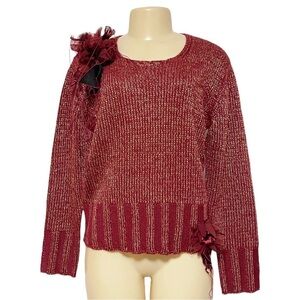 Olsen Europe‎ Red Gold Metallic Ribbed Knit Sweater Floral Appliqué Detail Sz 10